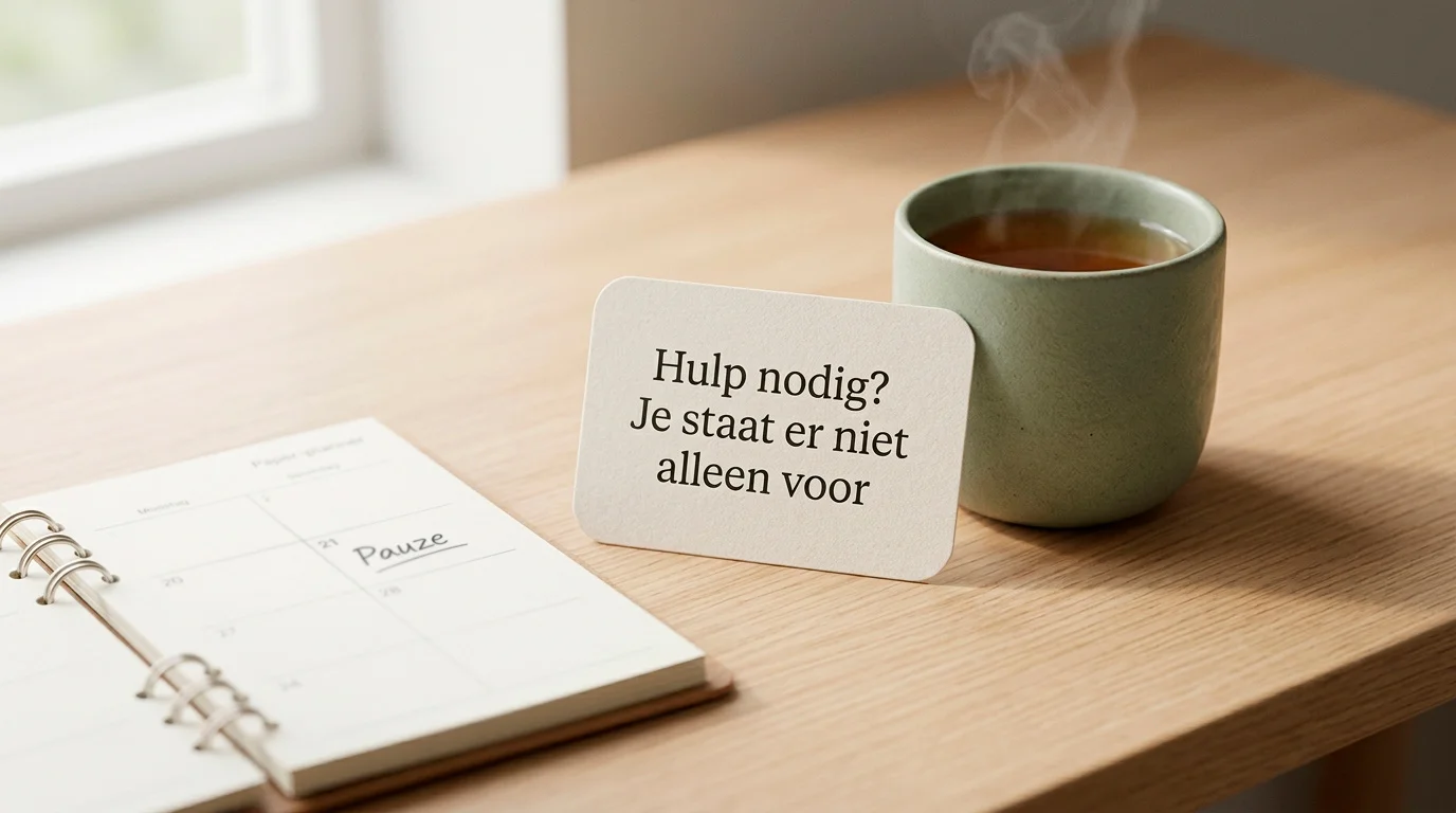 Rustige werkplek met kalenderpauze en kaartje voor hulp bij gokgrenzen