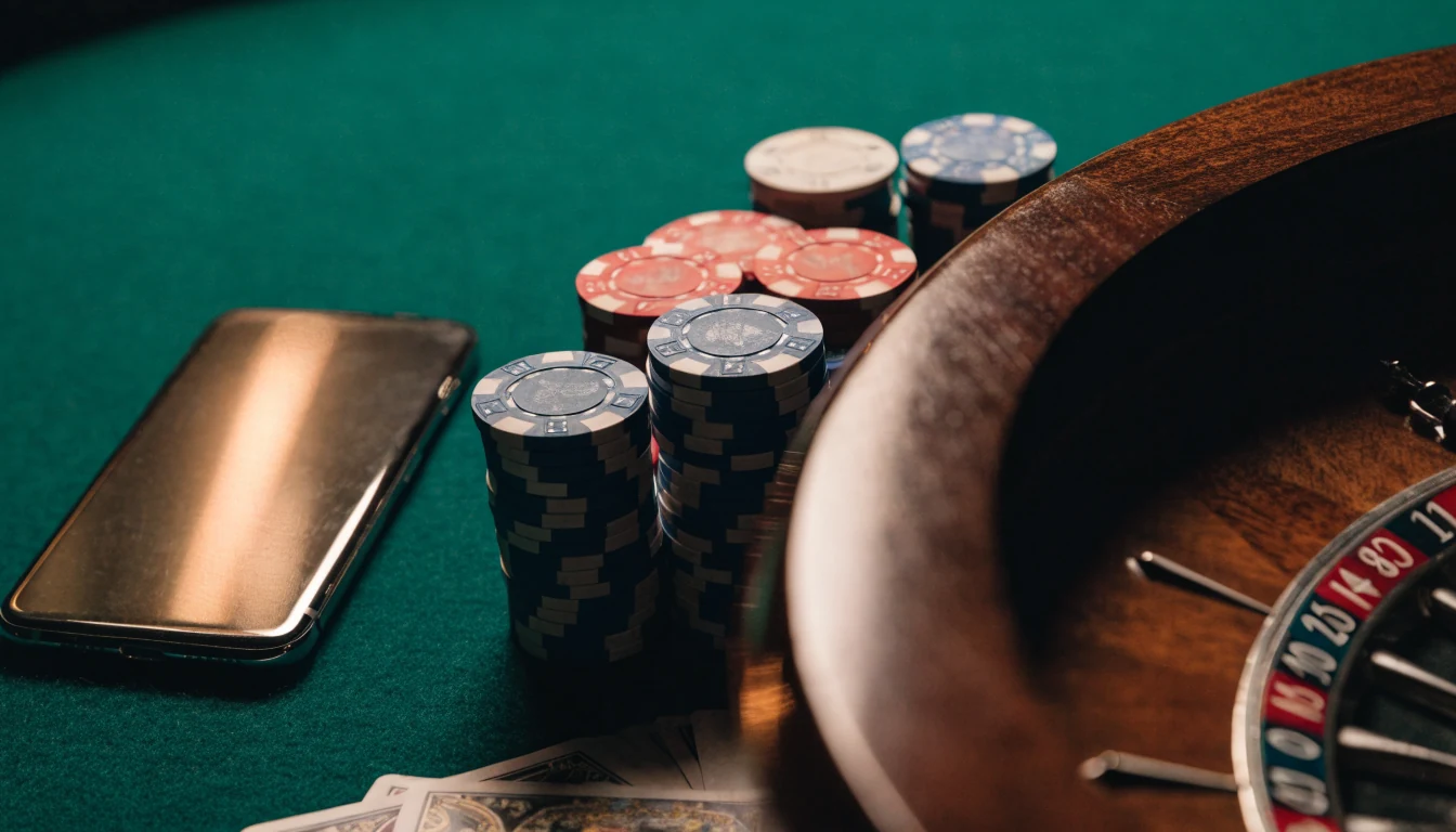 Stapel casinofiches, roulettewiel en omgedraaide smartphone op groen vilt