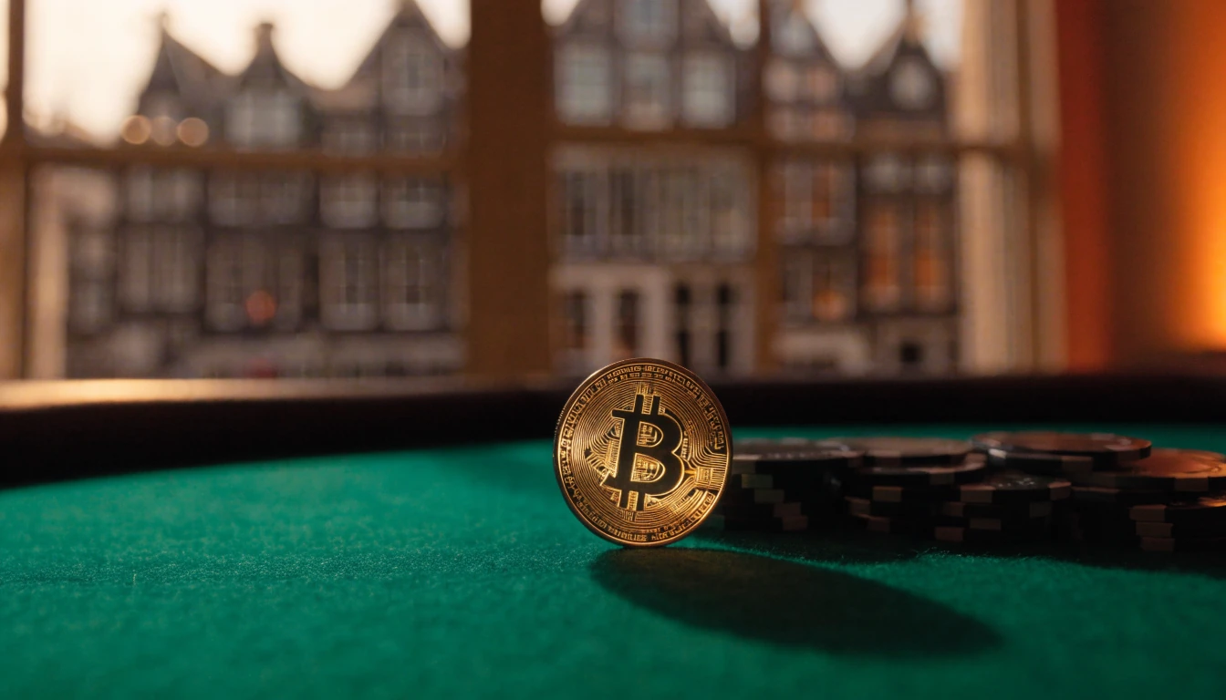 Bitcoin-munt op groene casinotafel met Amsterdamse gevel op de achtergrond