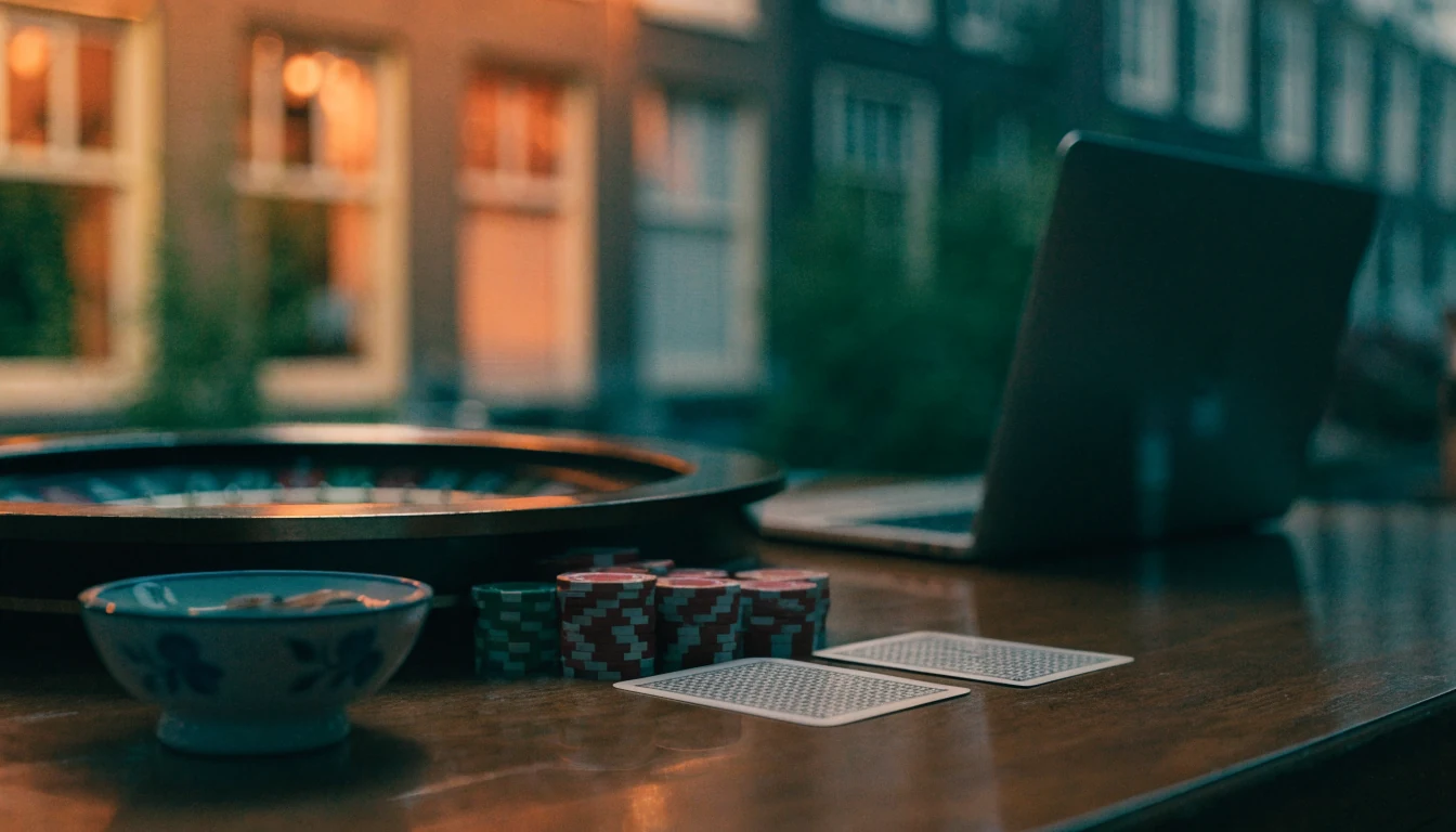 Houten tafel met casinofiches, roulette en kaarten in een Amsterdam café