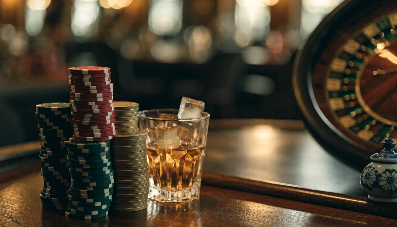 Stijlvolle casinotafel met pokerfiches en roulettewiel in warm licht