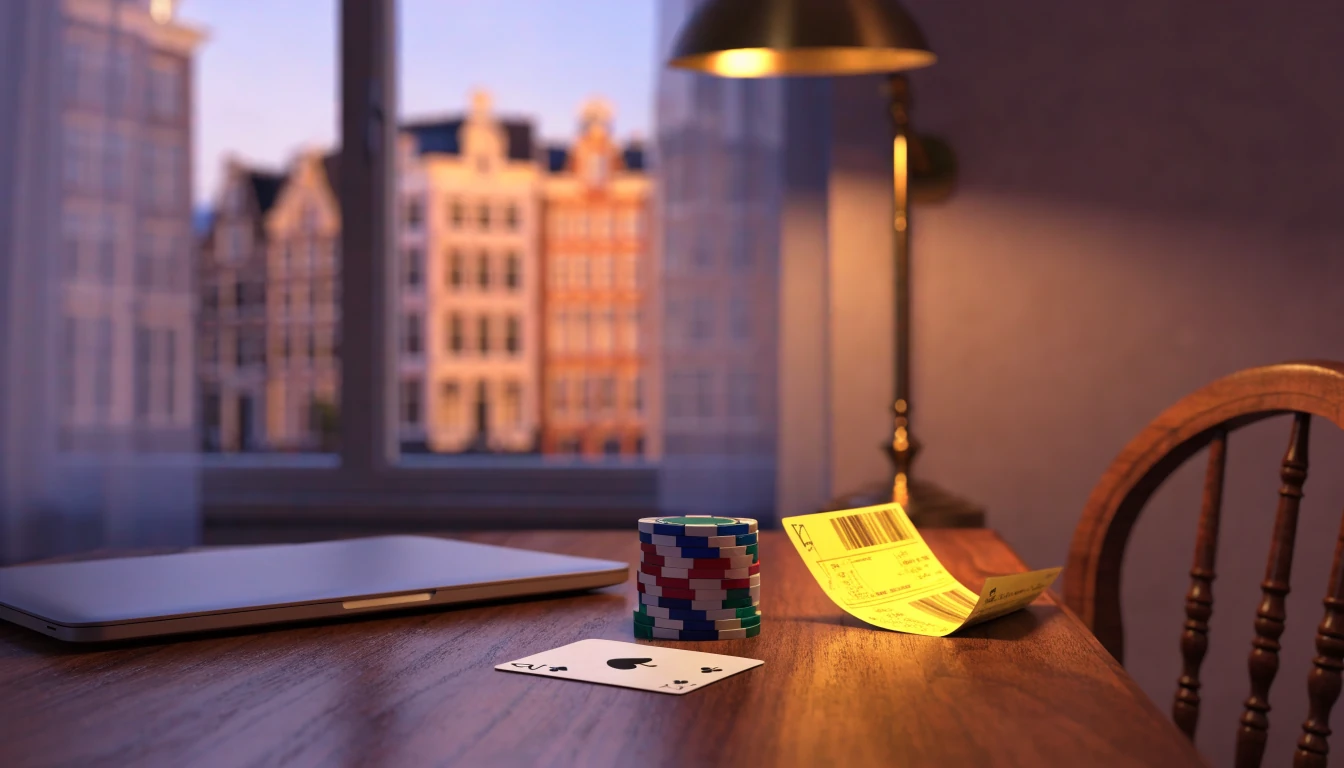 Bureau met gesloten laptop, casinochips en prepaidvoucher in modern Nederlands interieur