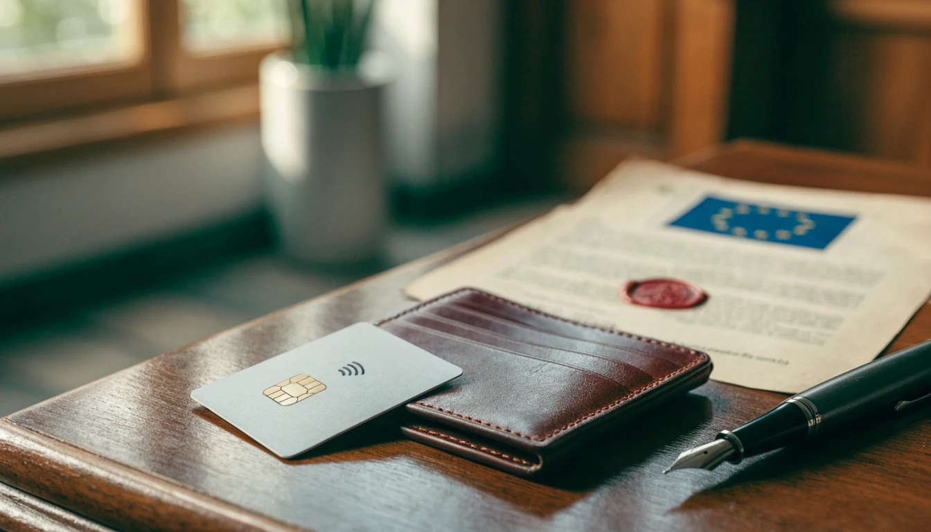Creditcard, portemonnee en document op een bureau over een vergunning