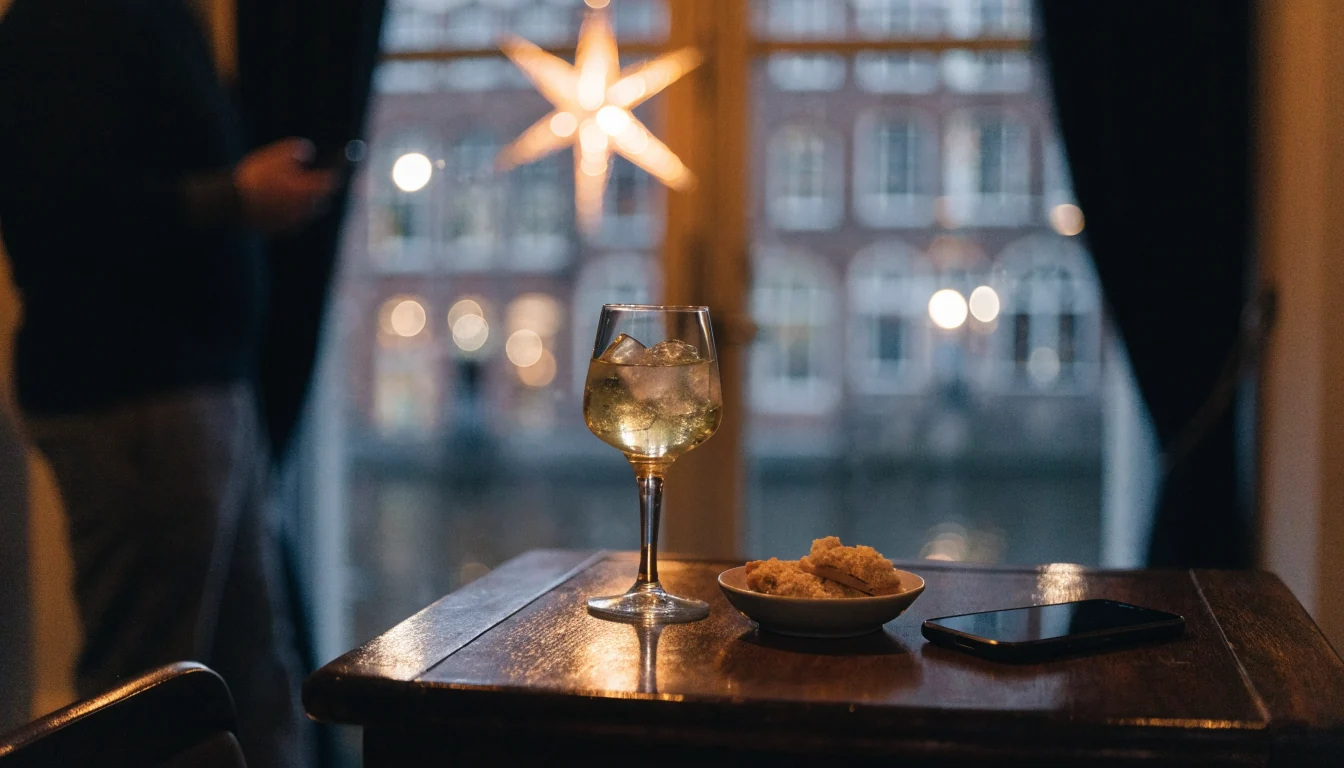 Sfeervol tafereel met jenever, smartphone en warm kaarslicht